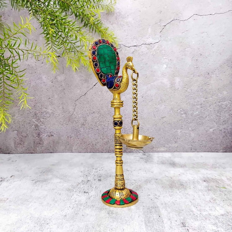 Brass Peacock Lamp with Stone Work - 9.5 inch Height | Elegant Brass Peacock Lamp with Stone Work - Premium Quality Brass Peacock Lamp with Stone Work - 9.5 inch Height | Elegant Brass Peacock Lamp with Stone Work - Premium Quality