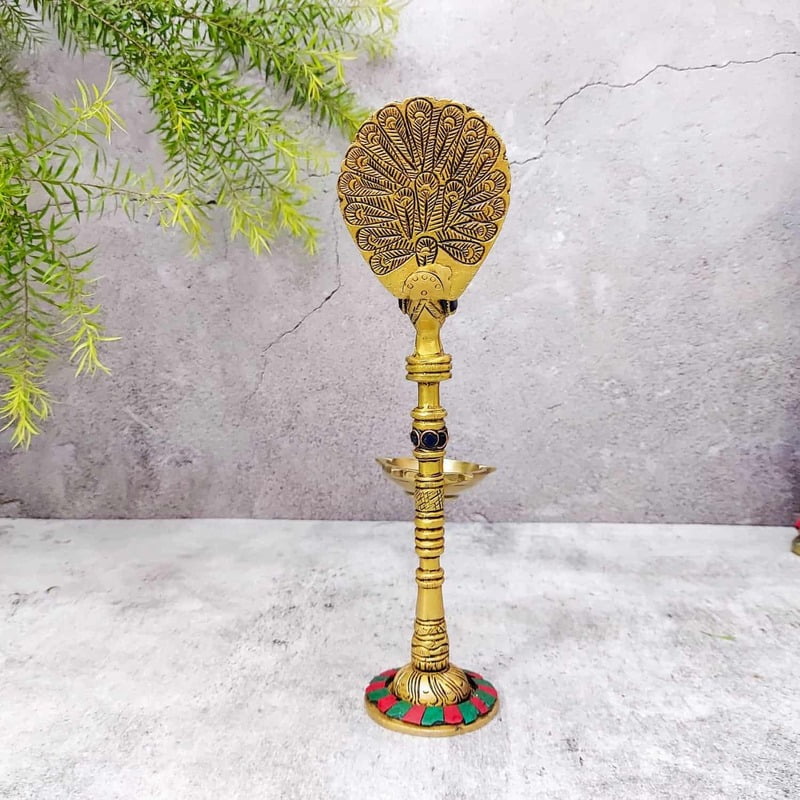 Brass Peacock Lamp with Stone Work - 9.5 inch Height | Elegant Brass Peacock Lamp with Stone Work - Premium Quality Brass Peacock Lamp with Stone Work - 9.5 inch Height | Elegant Brass Peacock Lamp with Stone Work - Premium Quality