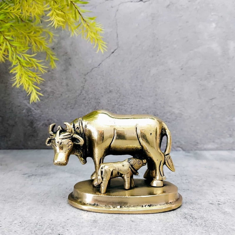 Brass Cow and Calf / Kamadhenu - 3 inch Height | Auspicious Brass Cow and Calf / Kamadhenu Idol - Buy Online