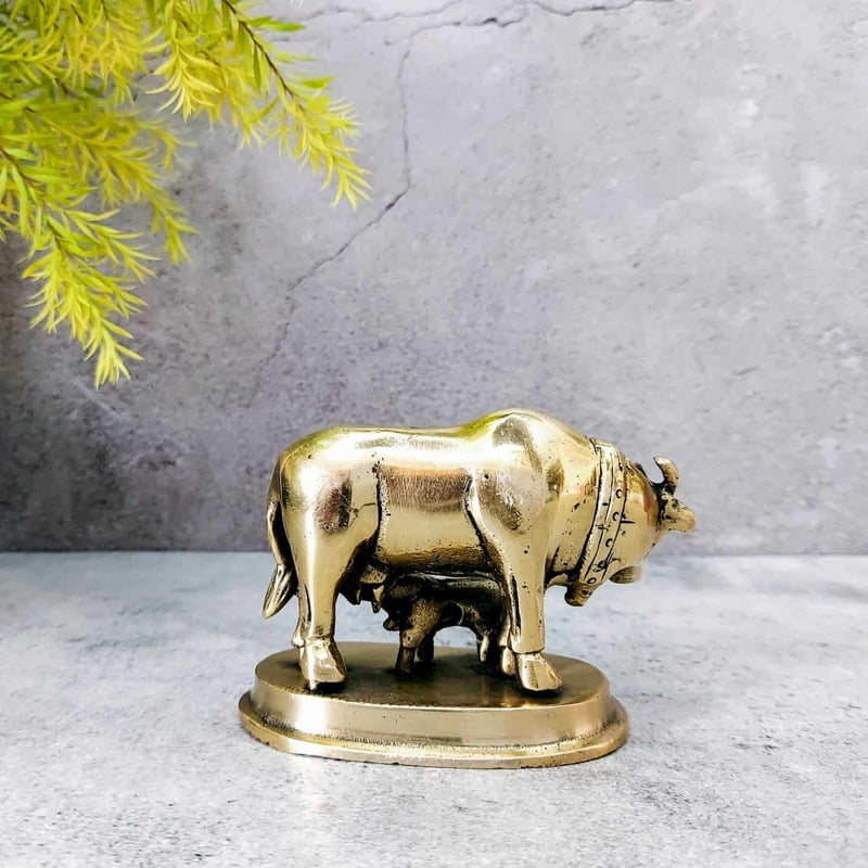 Brass Cow and Calf / Kamadhenu - 3 inch Height | Auspicious Brass Cow and Calf / Kamadhenu Idol - Buy Online