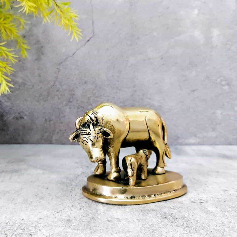 Brass Cow and Calf / Kamadhenu - 3 inch Height | Auspicious Brass Cow and Calf / Kamadhenu Idol - Buy Online