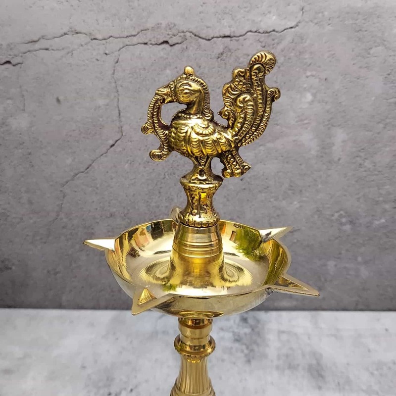 Brass Panchmukkhi Peacock Deepak, 5 Wicks Oil Lamp - 13 inch Height | Elegant Brass Panchmukkhi Peacock Deepak, 5 Wicks Oil Lamp - Buy Online
