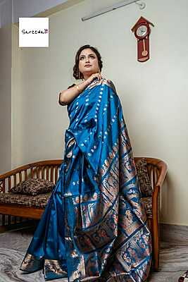 Chand buta Royal blue pure katan silk(mulberry silk) swarnachari saree