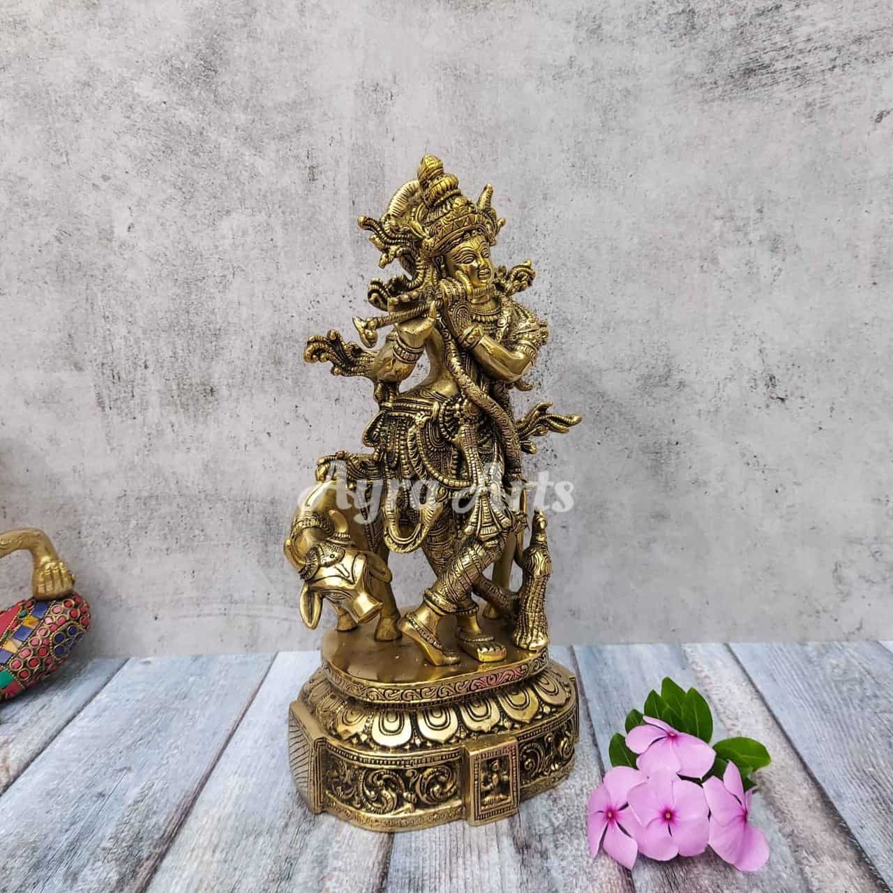 Brass Fine Cow Krishna with Flute - 12 inch Height | Artistic Beauty Brass Fine Cow Krishna with Flute - 12 inch Height | Artistic Beauty