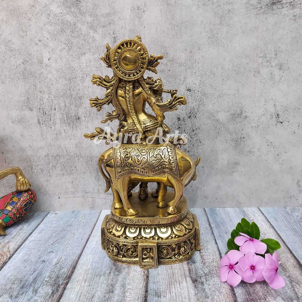 Brass Fine Cow Krishna with Flute - 12 inch Height | Artistic Beauty Brass Fine Cow Krishna with Flute - 12 inch Height | Artistic Beauty