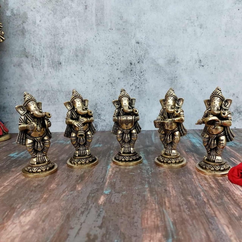 Brass Ganesha Musical Set of 5 Idols - 5.5 inch Height | Melodious Brass Idols for Prosperity Brass Ganesha Musical Set of 5 Idols - 5.5 inch Height | Melodious Brass Idols for Prosperity
