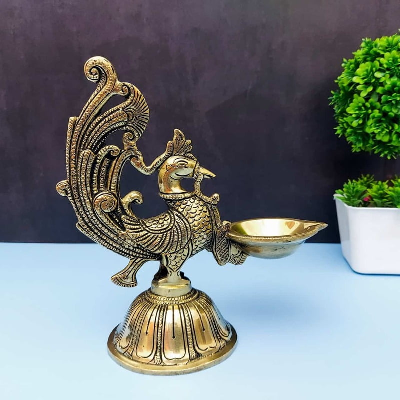 Brass Peacock Single Wick Diya - 7.5 inch Height | Elegant Brass Diya for Spiritual Lighting Brass Peacock Single Wick Diya - 7.5 inch Height | Elegant Brass Diya for Spiritual Lighting