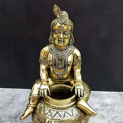 Brass Bala Krishna Sitting on Matka | Pot Krishna - 14 inch Height | Beautiful Brass Bala Krishna Statue Brass Bala Krishna Sitting on Matka | Pot Krishna - 14 inch Height | Beautiful Brass Bala Krishna Statue