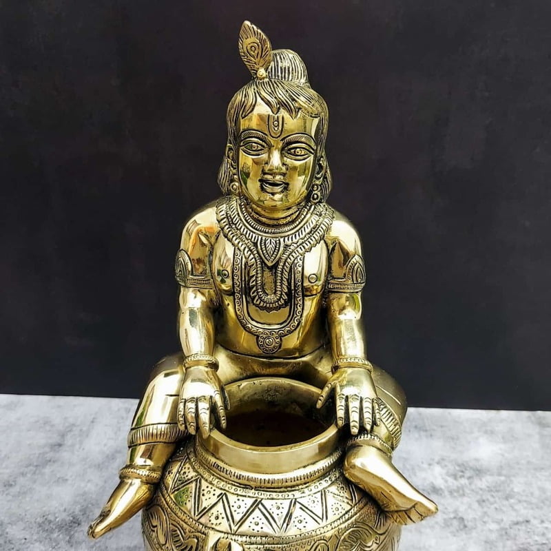 Brass Bala Krishna Sitting on Matka | Pot Krishna - 14 inch Height | Beautiful Brass Bala Krishna Statue Brass Bala Krishna Sitting on Matka | Pot Krishna - 14 inch Height | Beautiful Brass Bala Krishna Statue