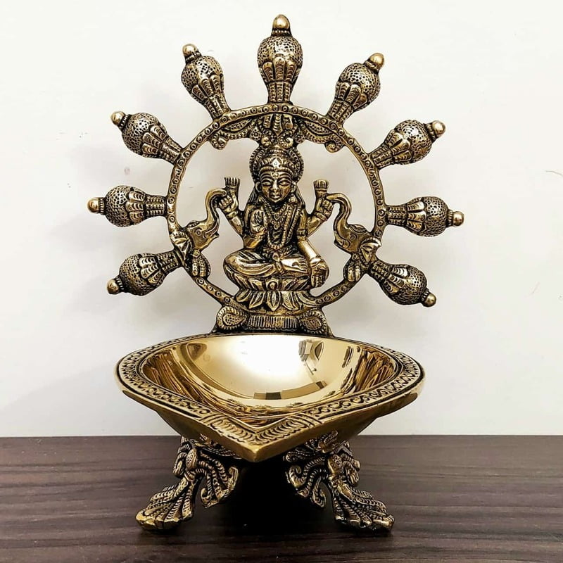 Brass Gaja Lakshmi Diya - 8 inch Height - 8.2 inch Height | Decorative Brass Diya with Gaja Lakshmi Design Brass Gaja Lakshmi Diya - 8 inch Height - 8.2 inch Height | Decorative Brass Diya with Gaja Lakshmi Design