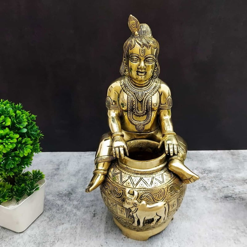 Brass Bala Krishna Sitting on Matka | Pot Krishna - 14 inch Height | Beautiful Brass Bala Krishna Statue Brass Bala Krishna Sitting on Matka | Pot Krishna - 14 inch Height | Beautiful Brass Bala Krishna Statue