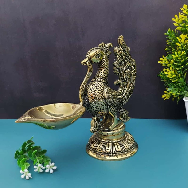 Brass Peacock Single Wick Diya - 7.5" Height | Exquisite Brass Diya with Peacock Design Brass Peacock Single Wick Diya - 7.5" Height | Exquisite Brass Diya with Peacock Design