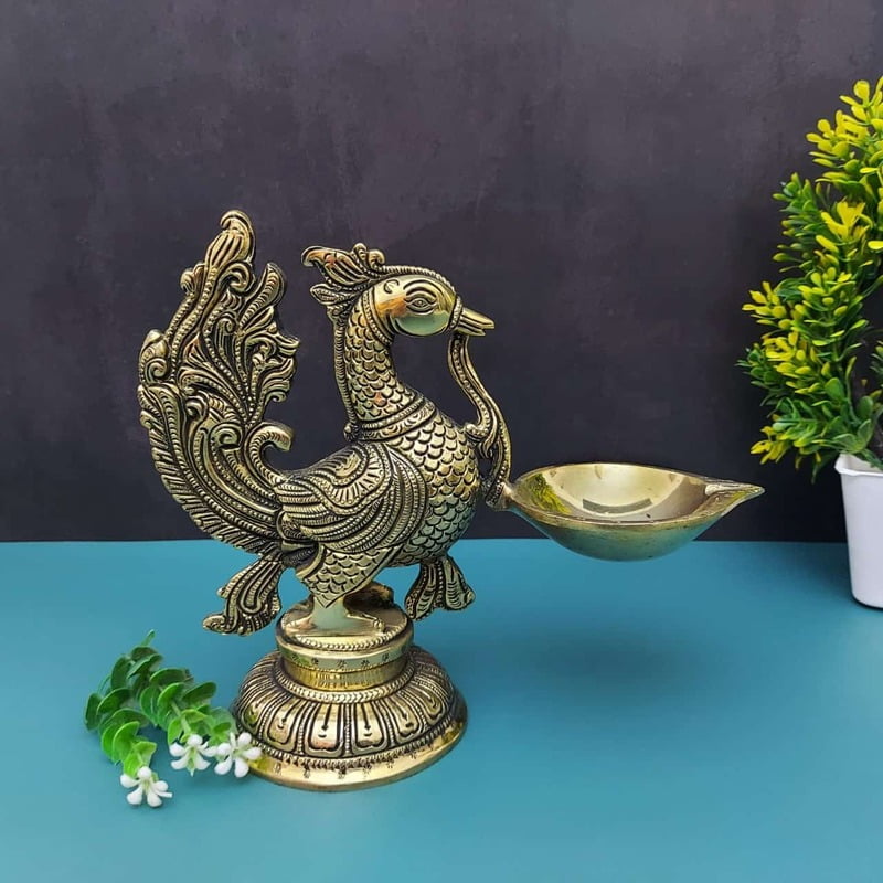 Brass Peacock Single Wick Diya - 7.5" Height | Exquisite Brass Diya with Peacock Design Brass Peacock Single Wick Diya - 7.5" Height | Exquisite Brass Diya with Peacock Design