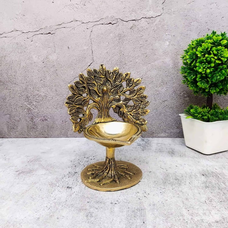 Brass Kalpavriksha Tree Diya/Lamp - 7 inch Height | Brass Diya with Kalpavriksha Tree Motif