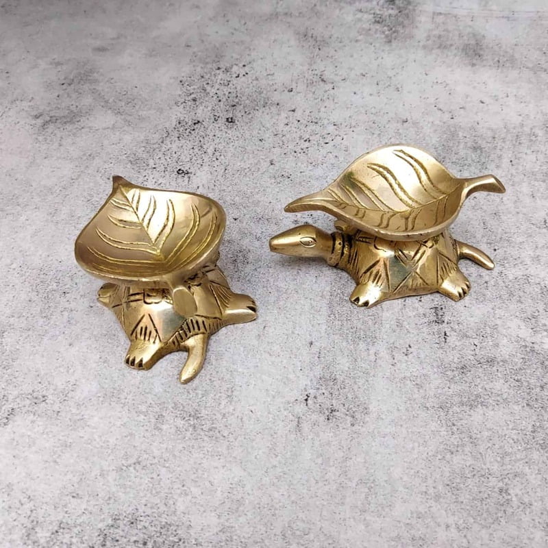 Brass Tortoise Leaf Design Diya Pair - 1.8 inch Height | Brass Diya Pair with Leaf Pattern for Auspicious Decor