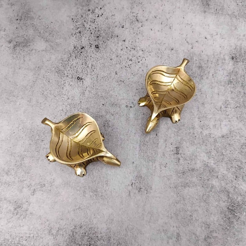 Brass Tortoise Leaf Design Diya Pair - 1.8 inch Height | Brass Diya Pair with Leaf Pattern for Auspicious Decor