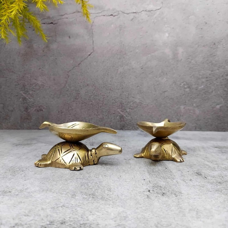 Brass Tortoise Leaf Design Diya Pair - 1.8 inch Height | Brass Diya Pair with Leaf Pattern for Auspicious Decor