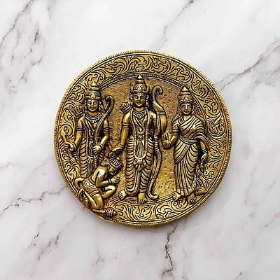 Brass Ram Darbar Wall Hanging Plate - 7.5 inch Height | Traditional Brass Wall Plate with Ram Darbar Design