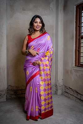 Lavender color impression block print on pure katan silk