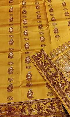 Yellow color brown figure figure motif with white meena work pure katan silk Baluchari Yellow color brown figure figure motif with white meena work pure katan silk Baluchari
