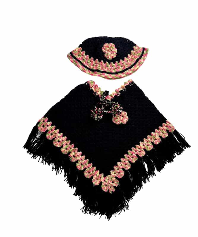 Handknitted woolen black poncho with cap having a multicolored border for kids between 6 months and 1 year || winterwear || beautiful design and excellent finish and amazing crotchet work