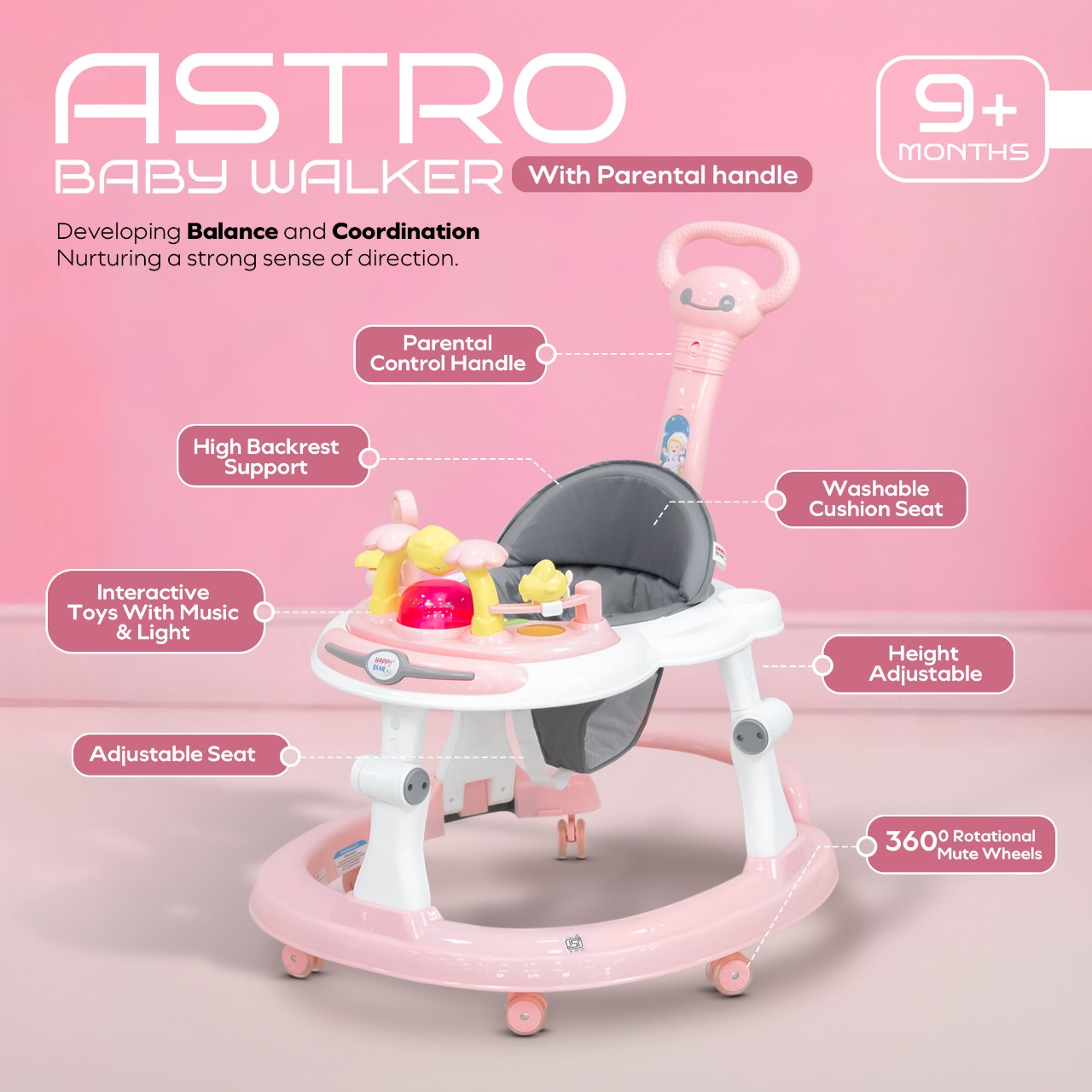 Baby Walker with Push Handle – Pink Baby Walker with Push Handle – Pink