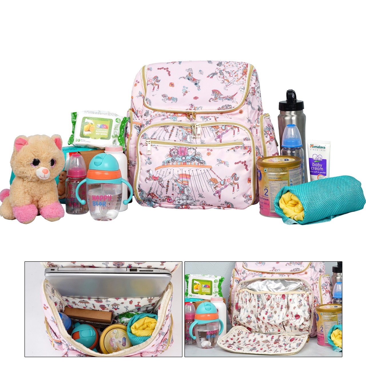 Stylish Diaper Backpack with Laptop Compartment – Pink Carousel Print Stylish Diaper Backpack with Laptop Compartment – Pink Carousel Print