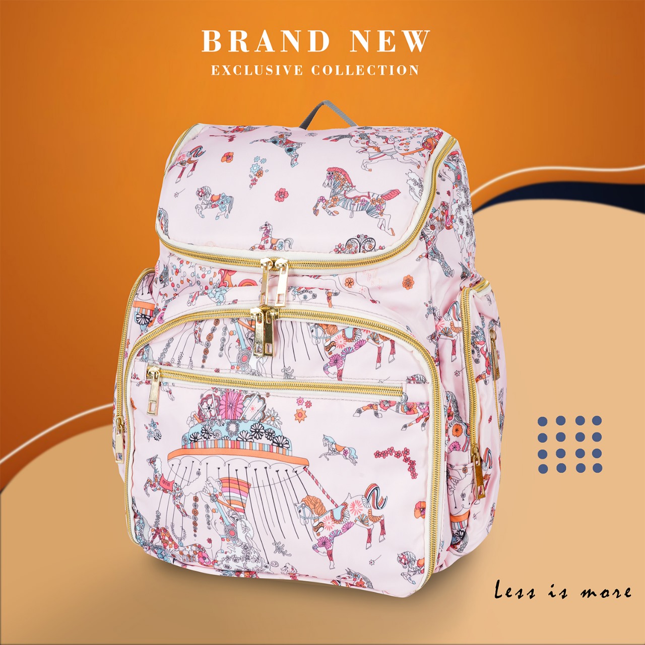 Stylish Diaper Backpack with Laptop Compartment – Pink Carousel Print Stylish Diaper Backpack with Laptop Compartment – Pink Carousel Print
