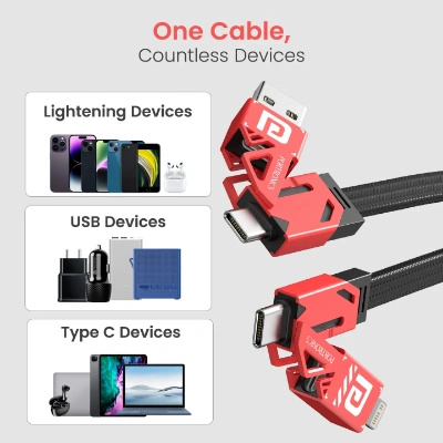 Portronics Procharge 4 60W 4-In-1 Multifunctional Fast Charging Cable With Multiple Port & Metal Zinc Alloy Head, Tangle Free Flat Cable, Type C to Type C/Lightening, USB A, Fast Data Sync (Red+Black) Portronics Procharge 4 60W 4-In-1 Multifunctional Fast Charging Cable With Multiple Port & Metal Zinc Alloy Head, Tangle Free Flat Cable, Type C to Type C/Lightening, USB A, Fast Data Sync (Red+Black)