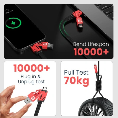 Portronics Procharge 4 60W 4-In-1 Multifunctional Fast Charging Cable With Multiple Port & Metal Zinc Alloy Head, Tangle Free Flat Cable, Type C to Type C/Lightening, USB A, Fast Data Sync (Red+Black) Portronics Procharge 4 60W 4-In-1 Multifunctional Fast Charging Cable With Multiple Port & Metal Zinc Alloy Head, Tangle Free Flat Cable, Type C to Type C/Lightening, USB A, Fast Data Sync (Red+Black)
