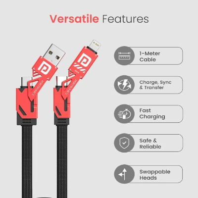 Portronics Procharge 4 60W 4-In-1 Multifunctional Fast Charging Cable With Multiple Port & Metal Zinc Alloy Head, Tangle Free Flat Cable, Type C to Type C/Lightening, USB A, Fast Data Sync (Red+Black) Portronics Procharge 4 60W 4-In-1 Multifunctional Fast Charging Cable With Multiple Port & Metal Zinc Alloy Head, Tangle Free Flat Cable, Type C to Type C/Lightening, USB A, Fast Data Sync (Red+Black)