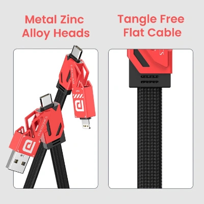 Portronics Procharge 4 60W 4-In-1 Multifunctional Fast Charging Cable With Multiple Port & Metal Zinc Alloy Head, Tangle Free Flat Cable, Type C to Type C/Lightening, USB A, Fast Data Sync (Red+Black) Portronics Procharge 4 60W 4-In-1 Multifunctional Fast Charging Cable With Multiple Port & Metal Zinc Alloy Head, Tangle Free Flat Cable, Type C to Type C/Lightening, USB A, Fast Data Sync (Red+Black)
