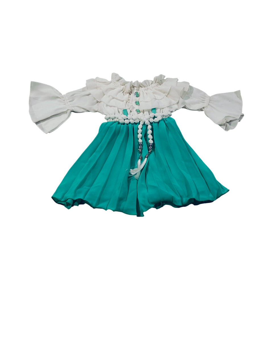 Stylish Off-Shoulder Party Wear Dress for Baby Girls – White & Aqua Green D.18.777 B.1302