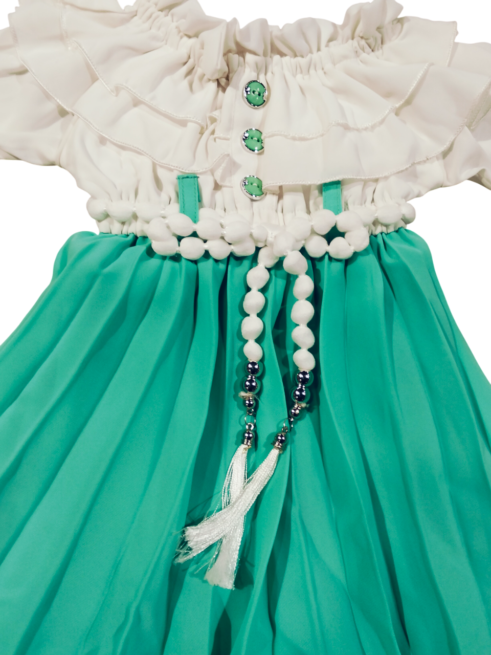 Stylish Off-Shoulder Party Wear Dress for Baby Girls – White & Aqua Green D.18.777 B.1302