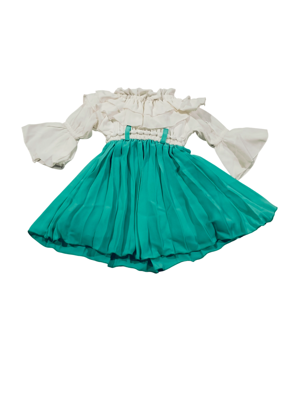 Stylish Off-Shoulder Party Wear Dress for Baby Girls – White & Aqua Green D.18.777 B.1302