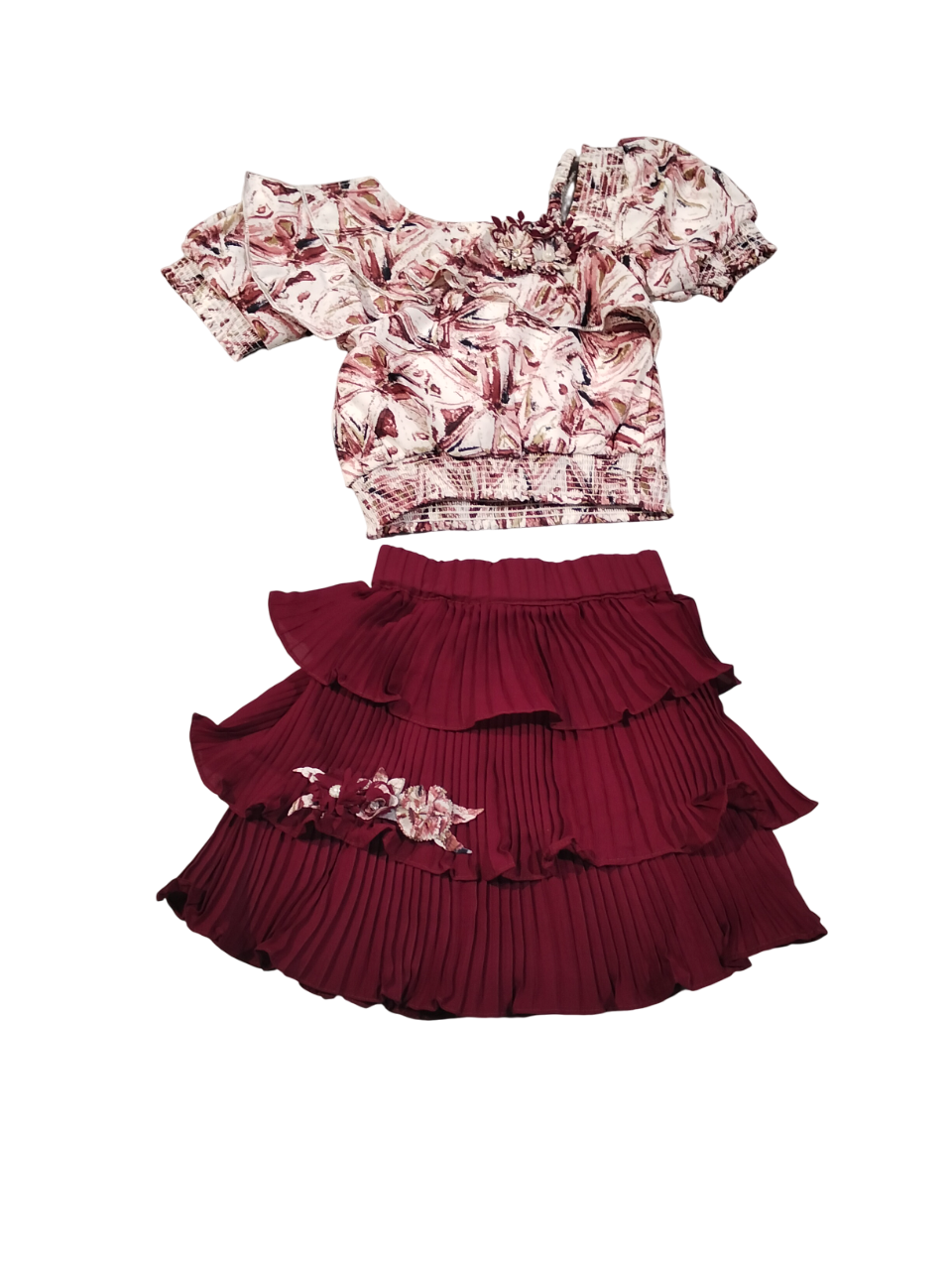 Stylish Maroon Ruffle Skirt & Floral Top Set D.13.300 B.1270 Stylish Maroon Ruffle Skirt & Floral Top Set D.13.300 B.1270