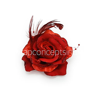 Red Rose With Feather & Pearl String