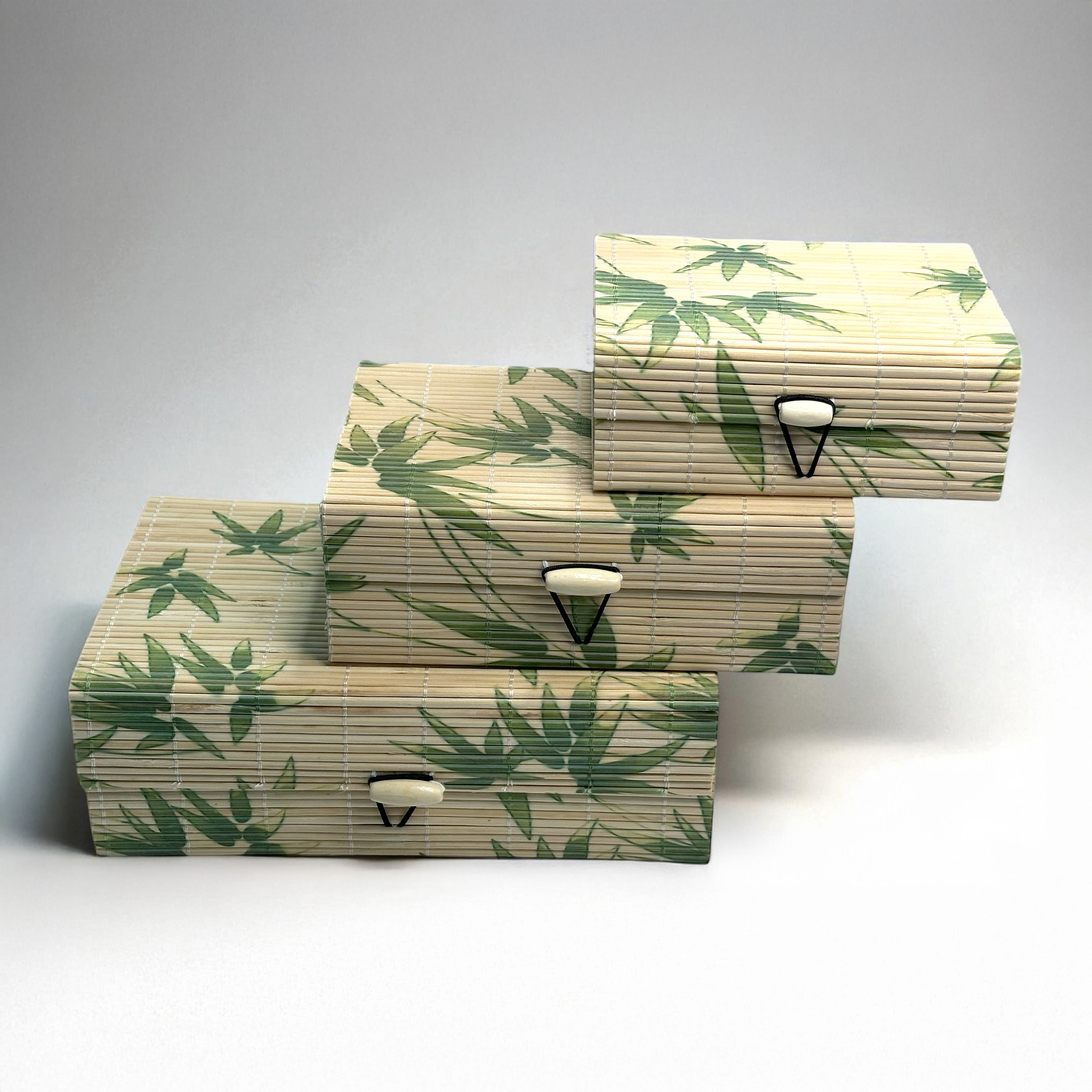 Decorative Jewellery / Storage Boxes with Bamboo Pattern, Green Leaf Design, Set of 3