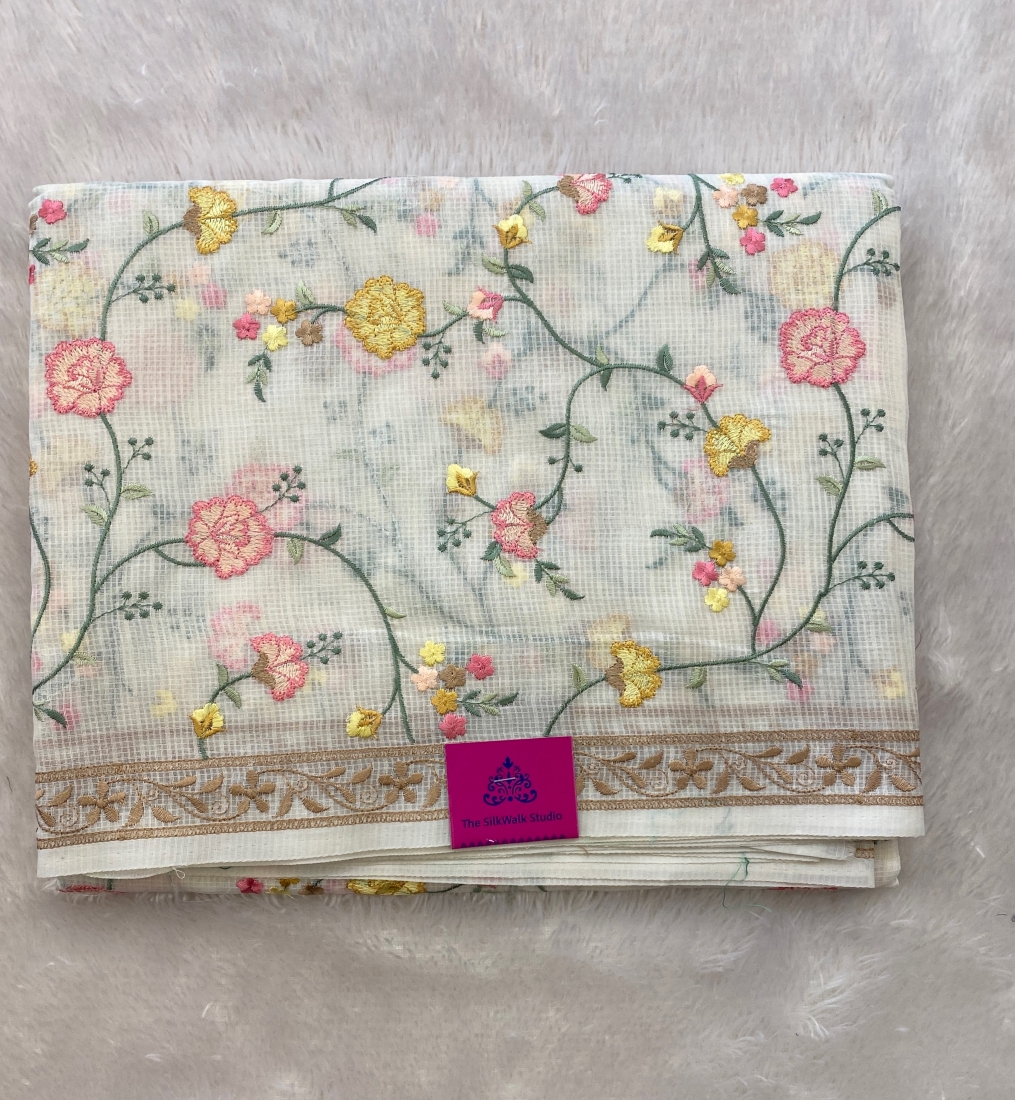 Priety - The Kota Off White Saree in Floral Work SWS63 Priety - The Kota Off White Saree in Floral Work SWS63