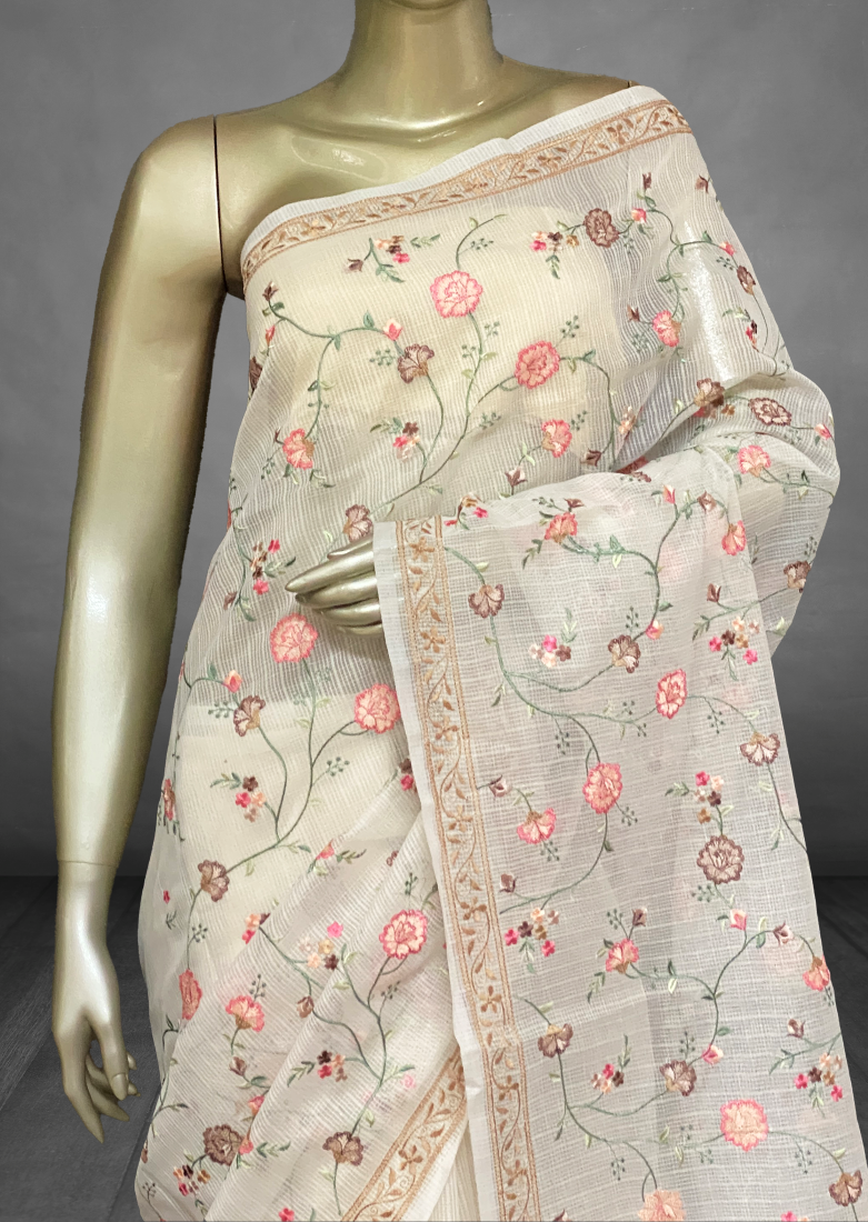 Priety - The Kota Off White Saree in Floral Work SWS63 Priety - The Kota Off White Saree in Floral Work SWS63