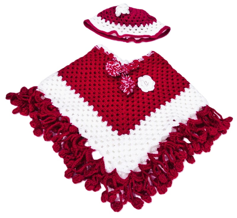 Handknitted Woolen Poncho with Cap for kids (1 - 2 Years) || Red and White || Sweater