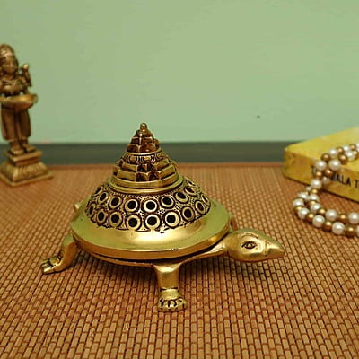 Brass Shree Yantra Tortoise Dhoop Dani - 5.7 Inch Length | For Vastu and Positive Energy