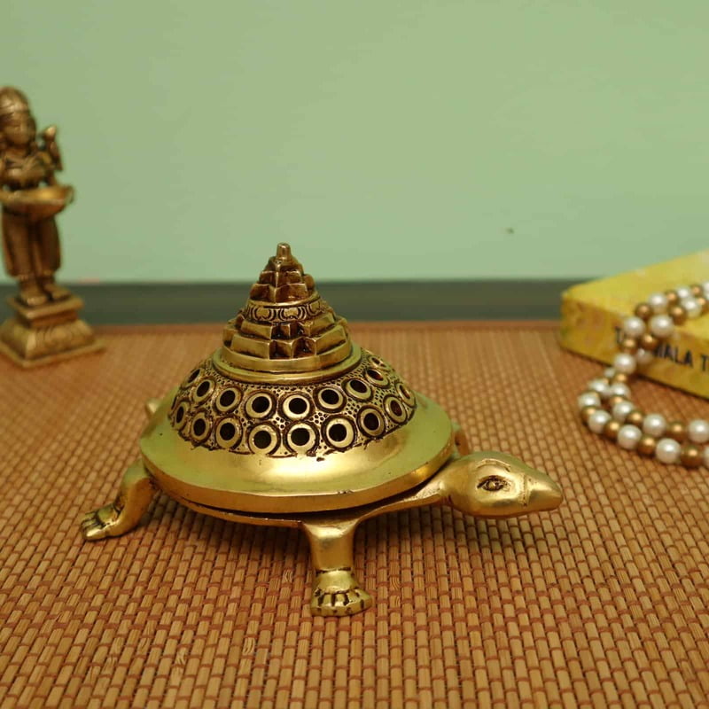 Brass Shree Yantra Tortoise Dhoop Dani - 5.7 Inch Length | For Vastu and Positive Energy