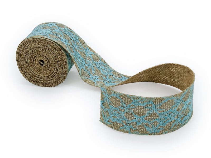 Natural Jute Ribbon with Blue Net Lace Natural Jute Ribbon with Blue Net Lace