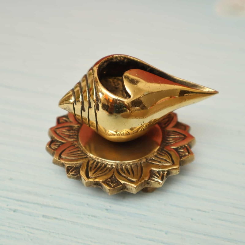Decorative Brass Shankh / Stylized Conch on Stand In Brass - 4 inch Length
