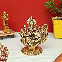 Goddess Saraswati Plays Veena on Her Swan In Brass | Handmade - 5.5 inch Height