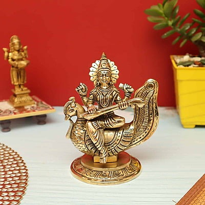 Goddess Saraswati Plays Veena on Her Swan In Brass | Handmade - 5.5 inch Height