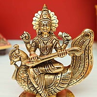 Goddess Saraswati Plays Veena on Her Swan In Brass | Handmade - 5.5 inch Height
