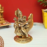 Goddess Saraswati Plays Veena on Her Swan In Brass | Handmade - 5.5 inch Height