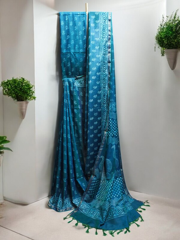Teal Green Batik Print Saree with Running Blouse
